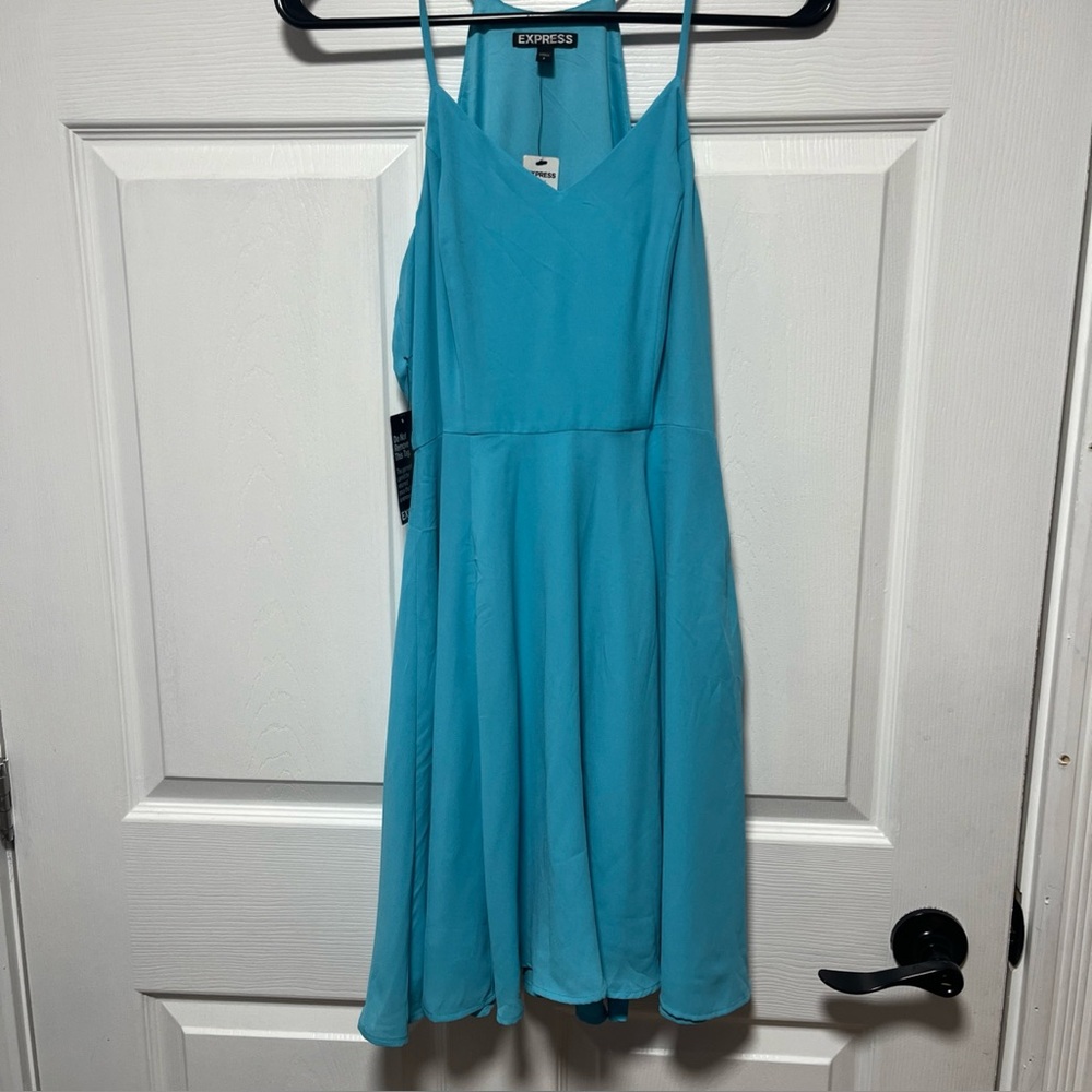 NWT Express Halterneck Chiffon Fit & Flare Mini Dress Turquoise Womens Size 2